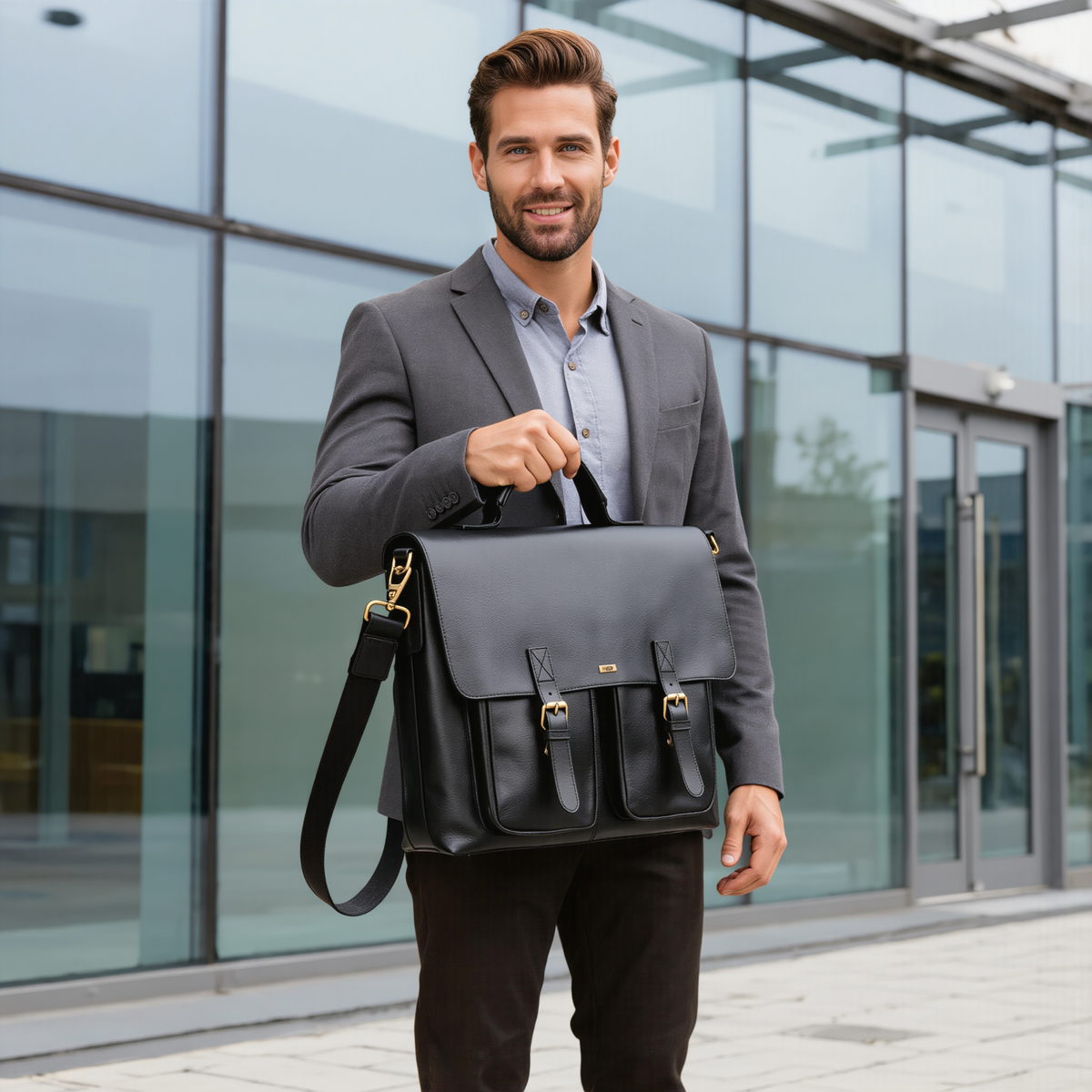 Male Leather Laptop Bag with Dual Compartments & Buckle Fastening