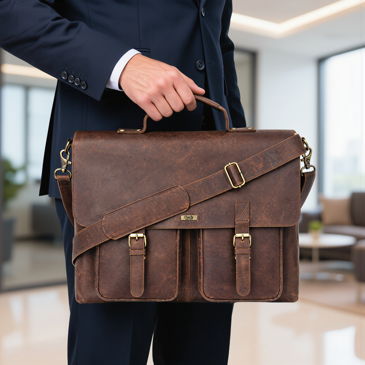 Male Leather Laptop Bag with Dual Compartments & Buckle Fastening