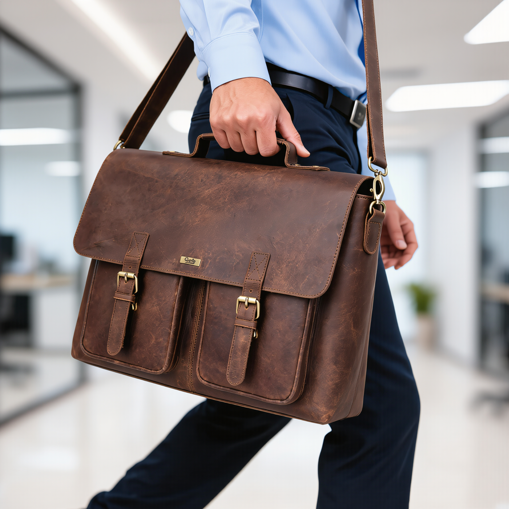 Male Leather Laptop Bag with Dual Compartments & Buckle Fastening