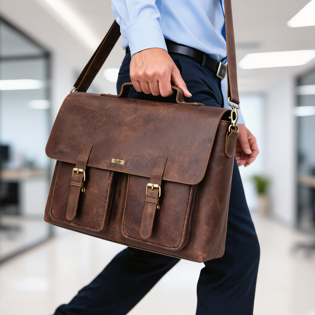 Male Leather Laptop Bag with Dual Compartments & Buckle Fastening