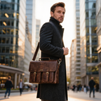 Male Leather Laptop Bag with Dual Compartments & Buckle Fastening