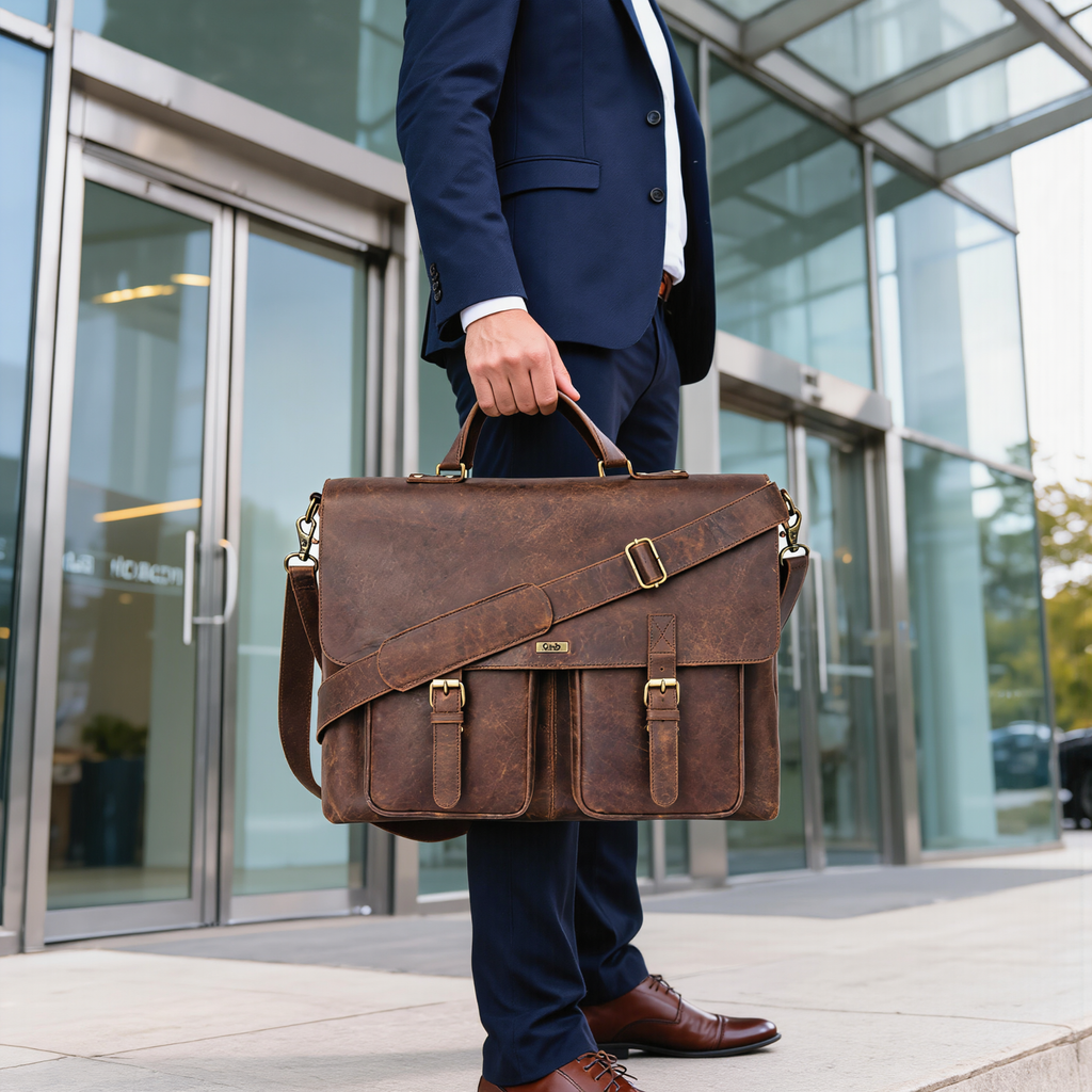 Male Leather Laptop Bag with Dual Compartments & Buckle Fastening