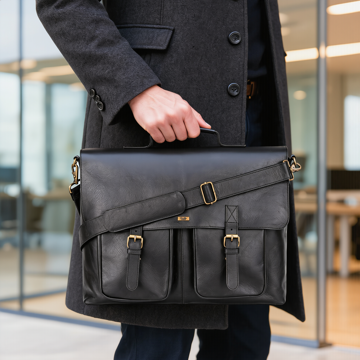 Male Leather Laptop Bag with Dual Compartments & Buckle Fastening