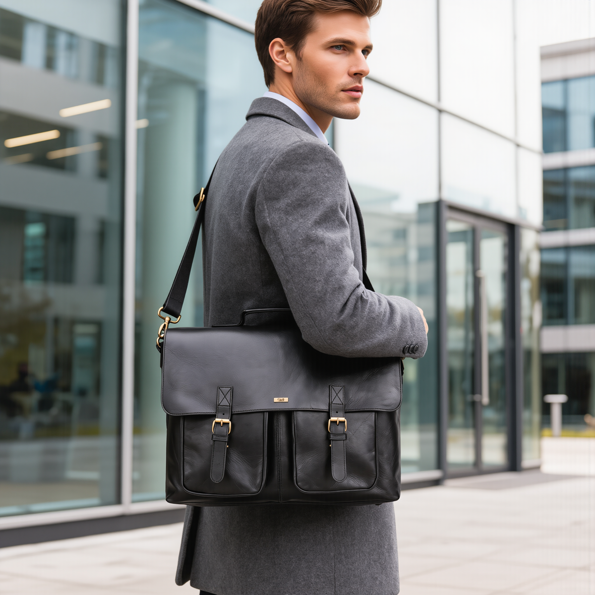 Male Leather Laptop Bag with Dual Compartments & Buckle Fastening
