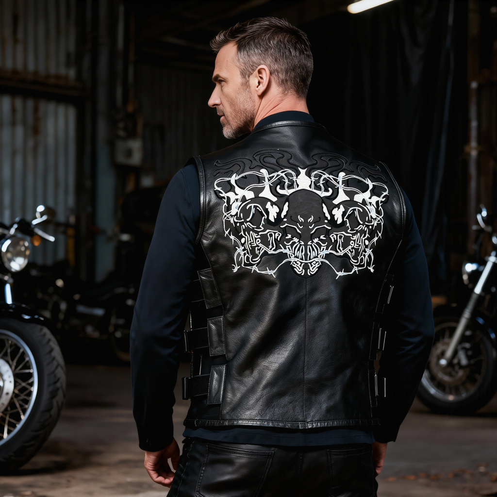 Leather Vest for Men Biker Style Design with Skull Patch