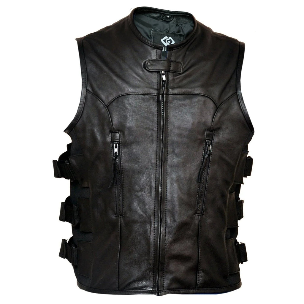 Leather Moto Vest with Adjustable Side Straps for Riding
