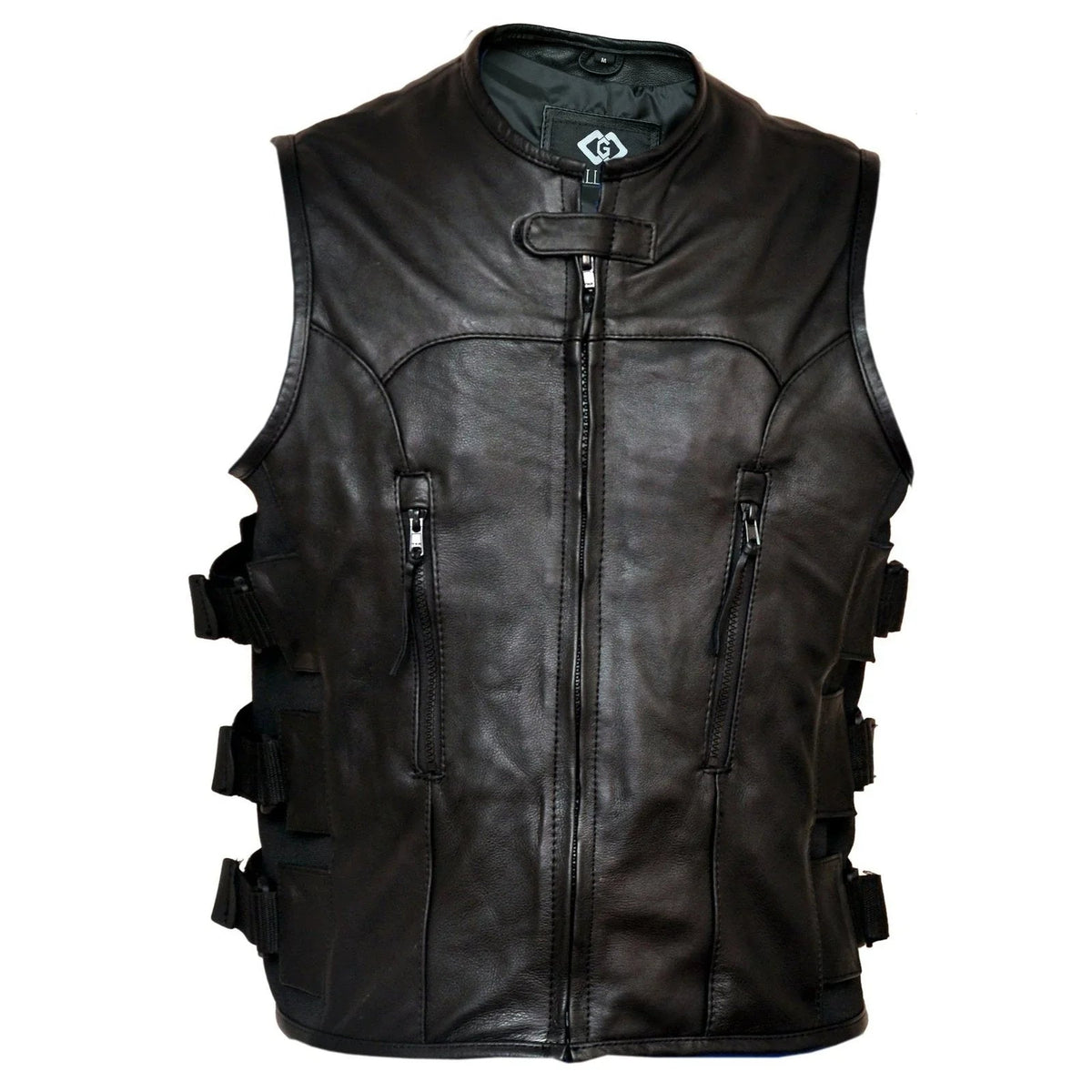 Leather Moto Vest with Adjustable Side Straps for Riding