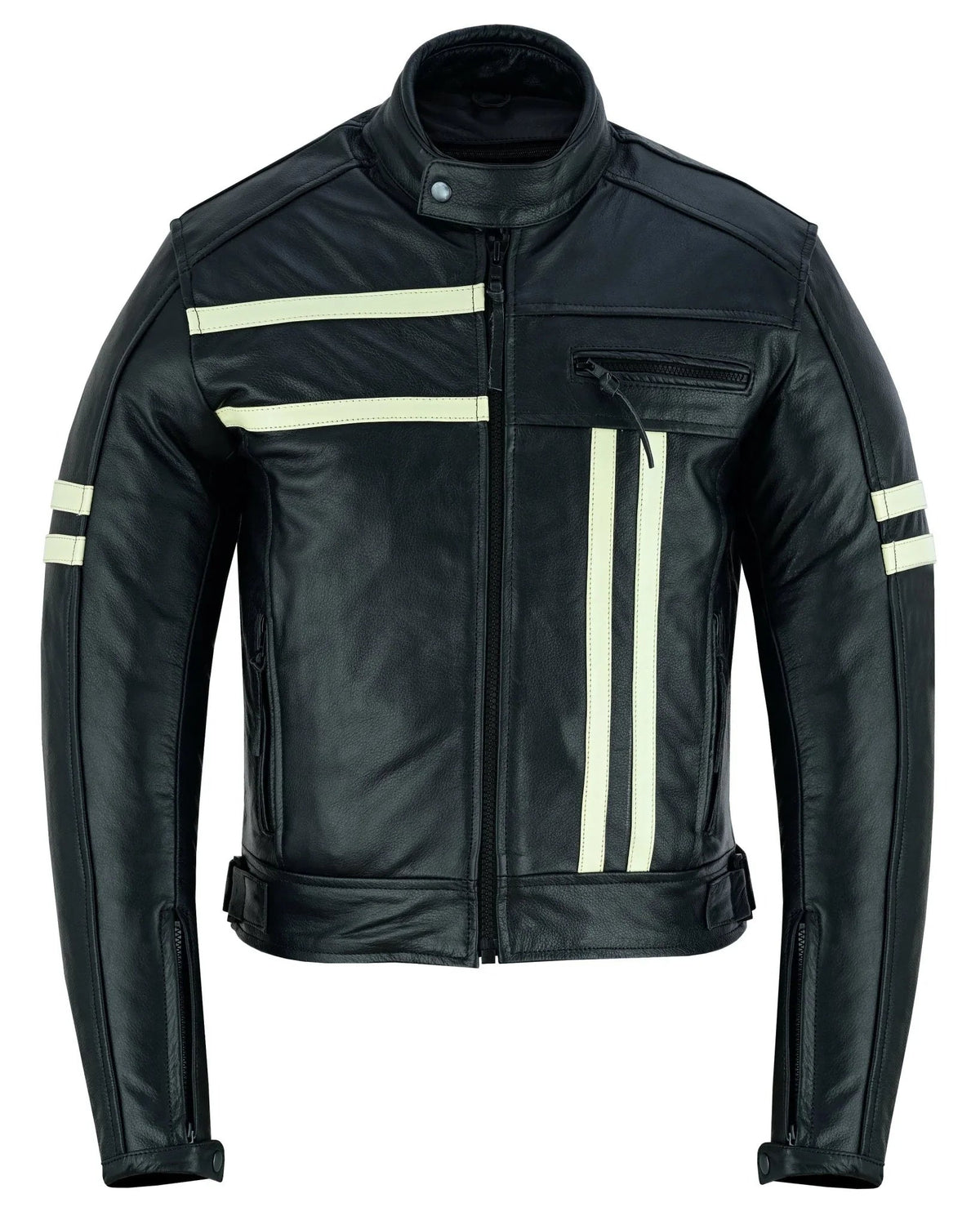 Motor Jacket for Men Black Café Racer with Cream Stripes