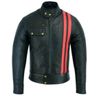 Best Mens Leather Biker Jacket with Dual Red Stripes