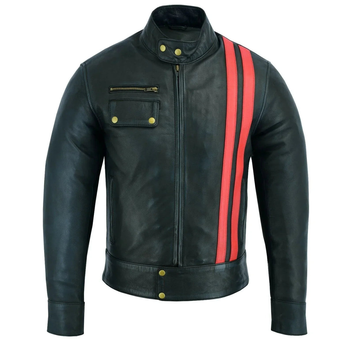 Best Mens Leather Biker Jacket with Dual Red Stripes