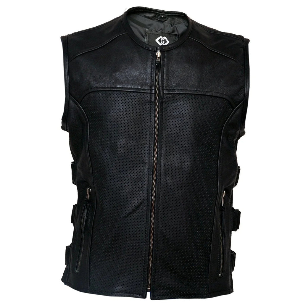 Mens Motorcycle Vest with Perforated Leather Panels