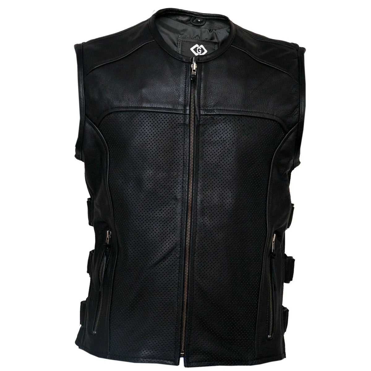 Mens Motorcycle Vest with Perforated Leather Panels