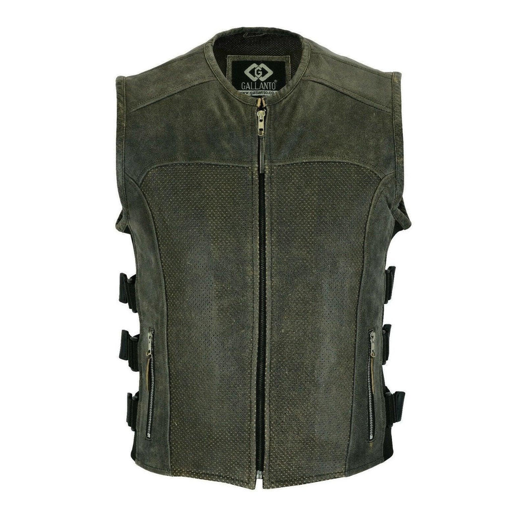 Mens Motorcycle Vest with Perforated Leather Panels