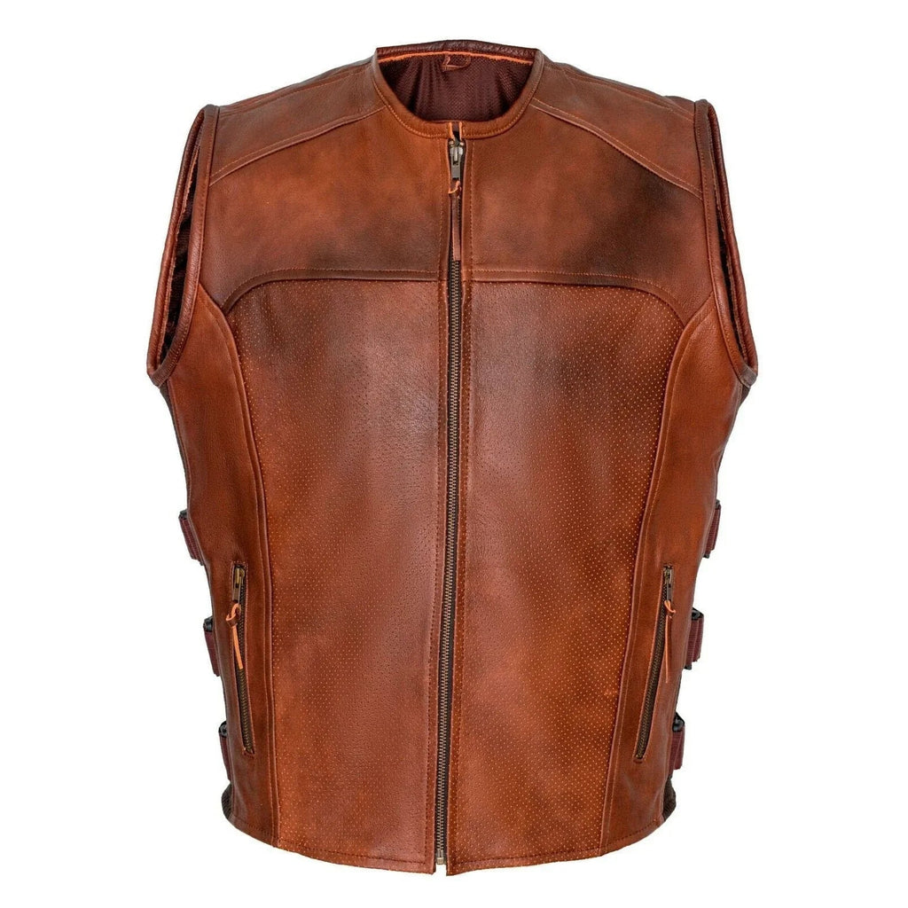 Mens Motorcycle Vest with Perforated Leather Panels