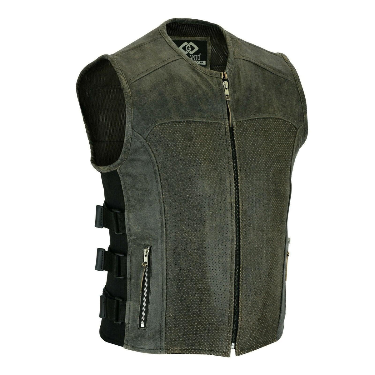 Mens Motorcycle Vest with Perforated Leather Panels