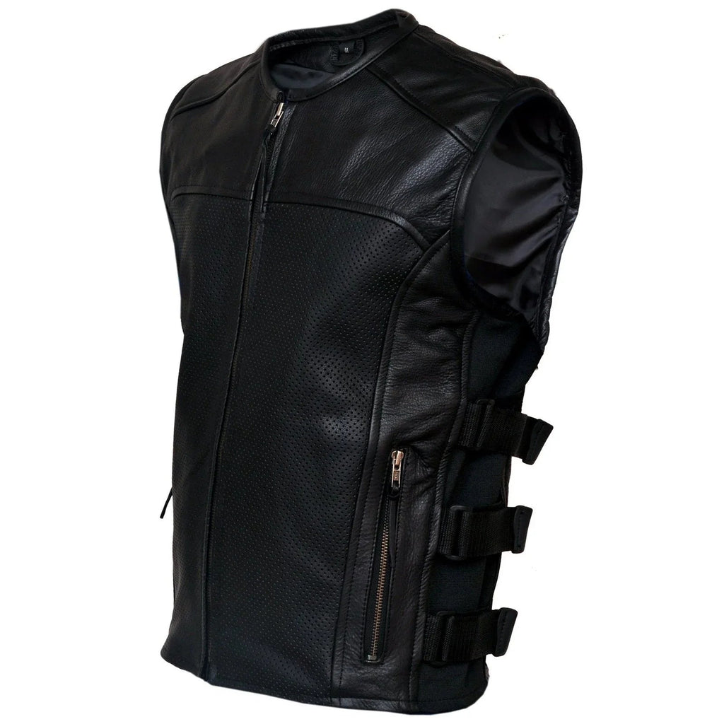 Mens Motorcycle Vest with Perforated Leather Panels