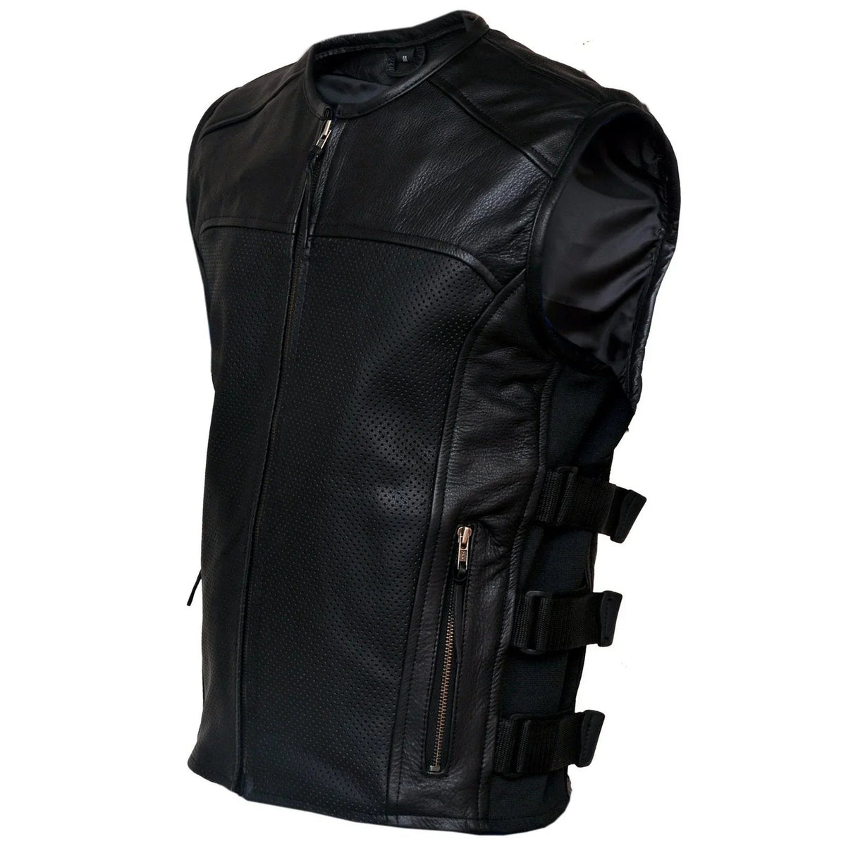 Mens Motorcycle Vest with Perforated Leather Panels