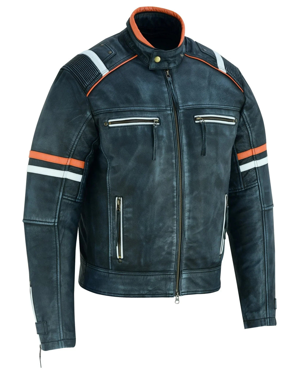 Genuine Leather Biker Jacket with Orange Racing Stripes