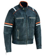 Genuine Leather Biker Jacket with Orange Racing Stripes