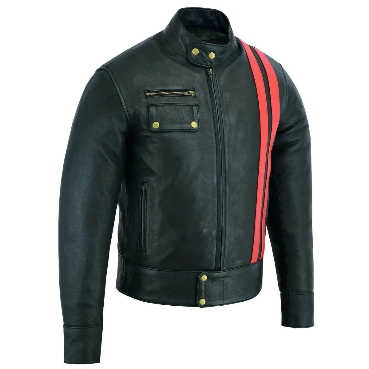 Best Mens Leather Biker Jacket with Dual Red Stripes
