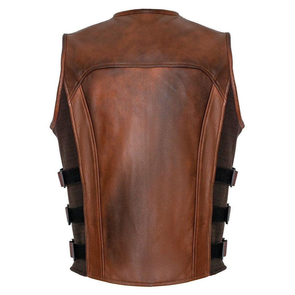 Mens Motorcycle Vest with Perforated Leather Panels