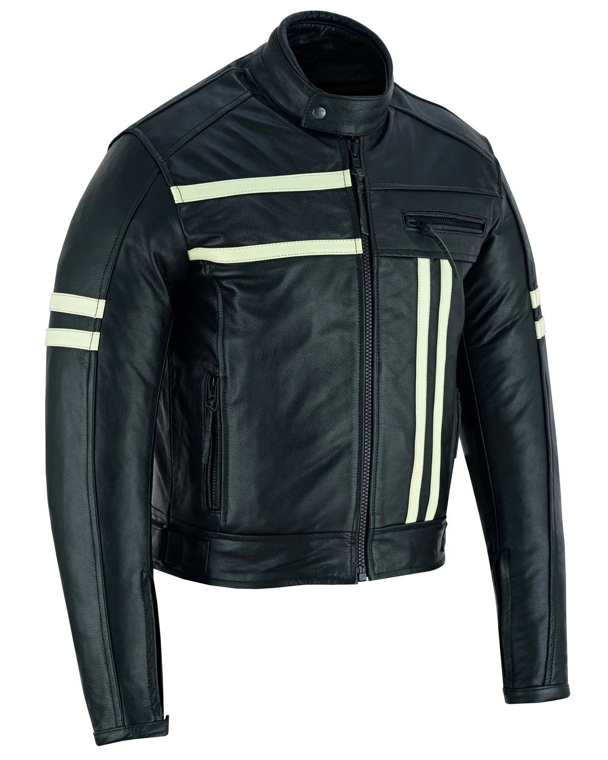 Motor Jacket for Men Black Café Racer with Cream Stripes