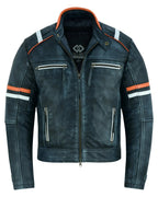 Genuine Leather Biker Jacket with Orange Racing Stripes