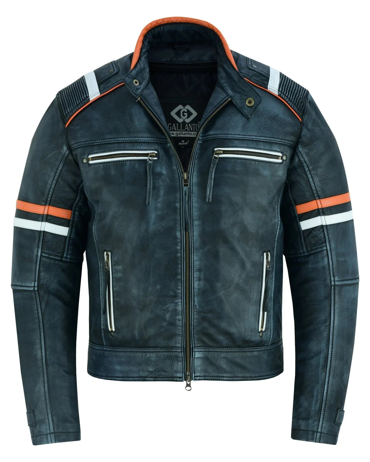 Genuine Leather Biker Jacket with Orange Racing Stripes