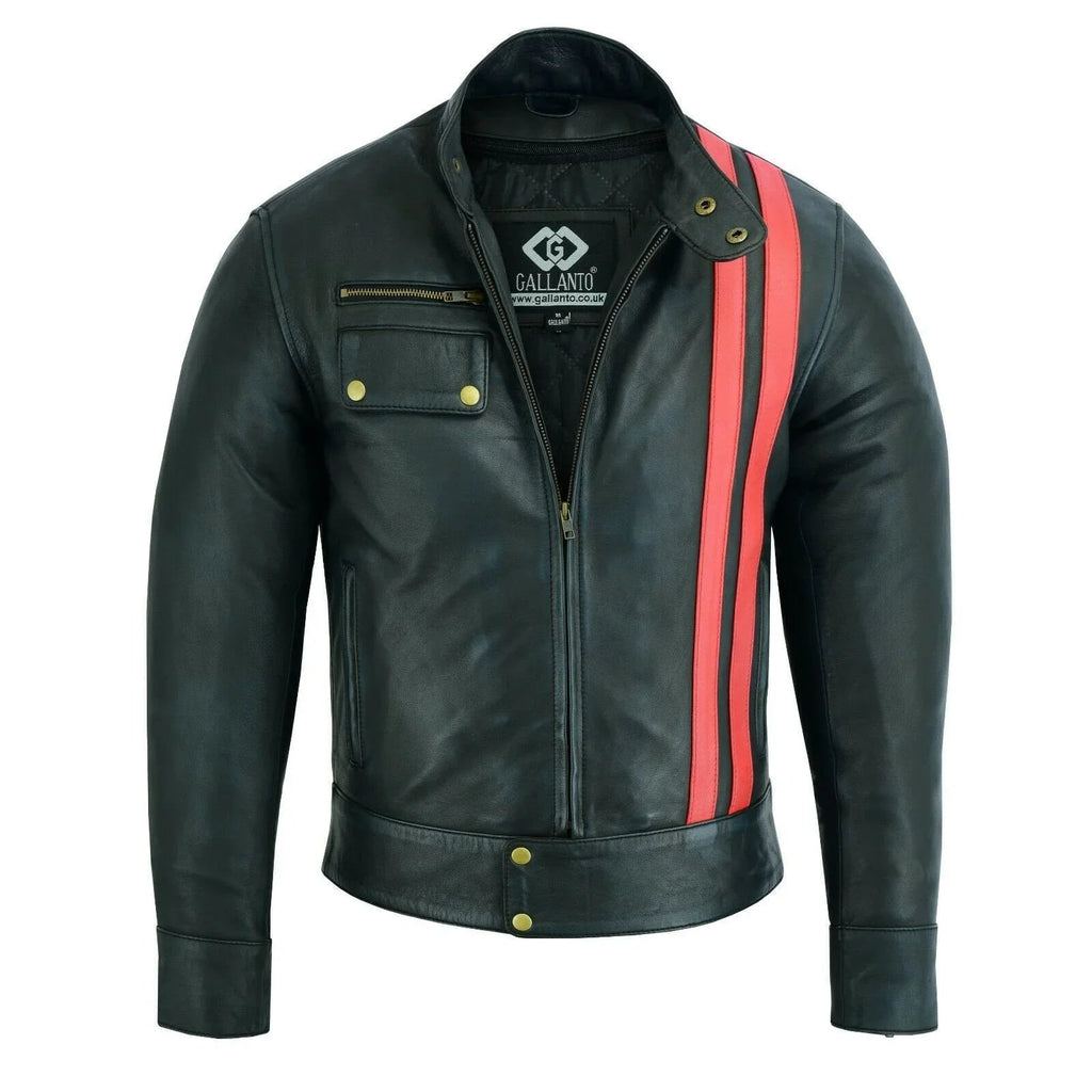 Best Mens Leather Biker Jacket with Dual Red Stripes