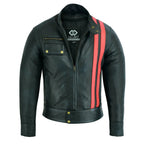 Best Mens Leather Biker Jacket with Dual Red Stripes