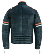 Genuine Leather Biker Jacket with Orange Racing Stripes