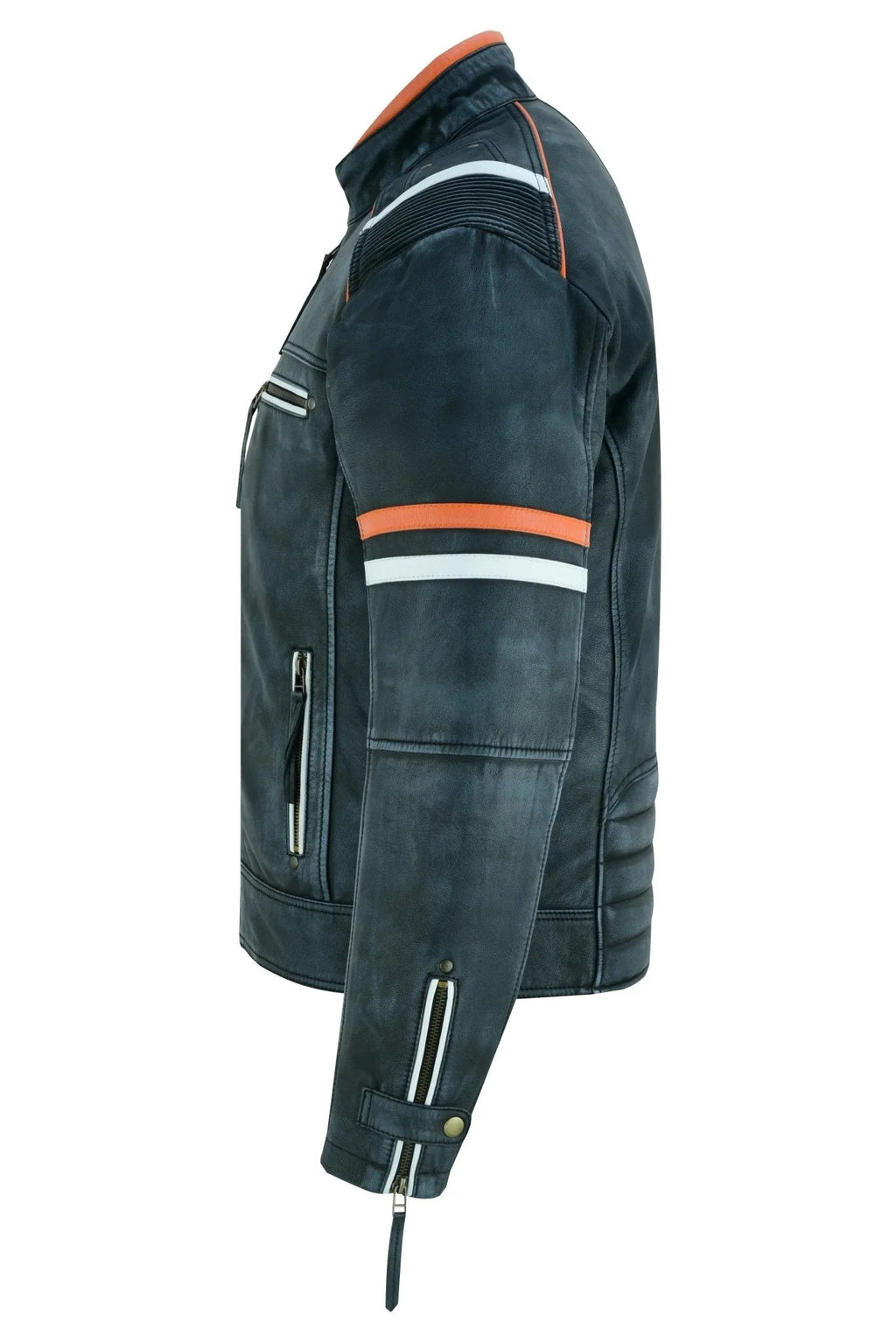 Genuine Leather Biker Jacket with Orange Racing Stripes