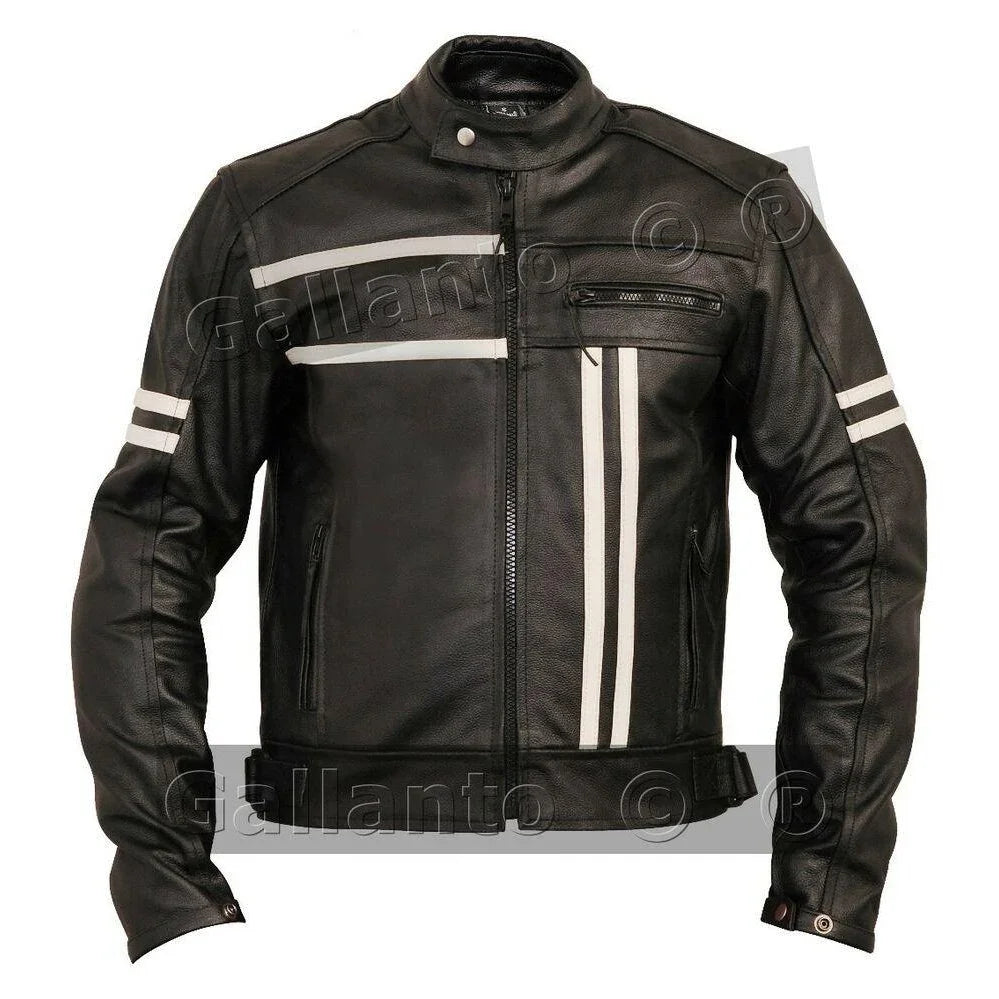 Motor Jacket for Men Black Café Racer with Cream Stripes