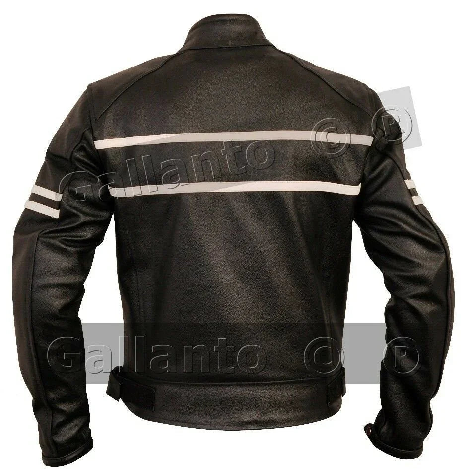 Motor Jacket for Men Black Café Racer with Cream Stripes