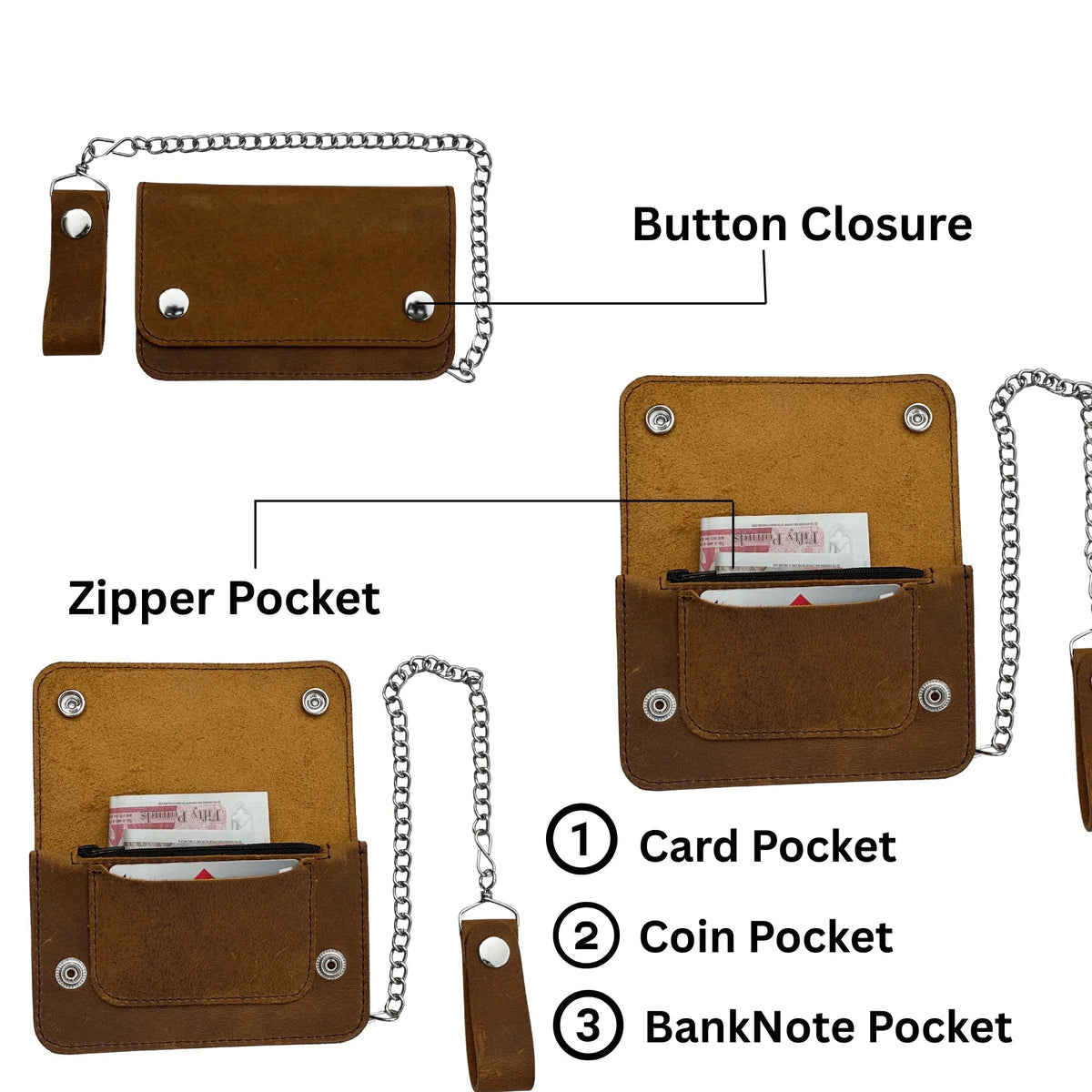 Chain Wallet for Men with Full-Grain Leather and Steel Chain