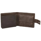An open dark brown leather bi-fold wallet with multiple card slots and a slip pocket on the right side, shown against a plain white background.