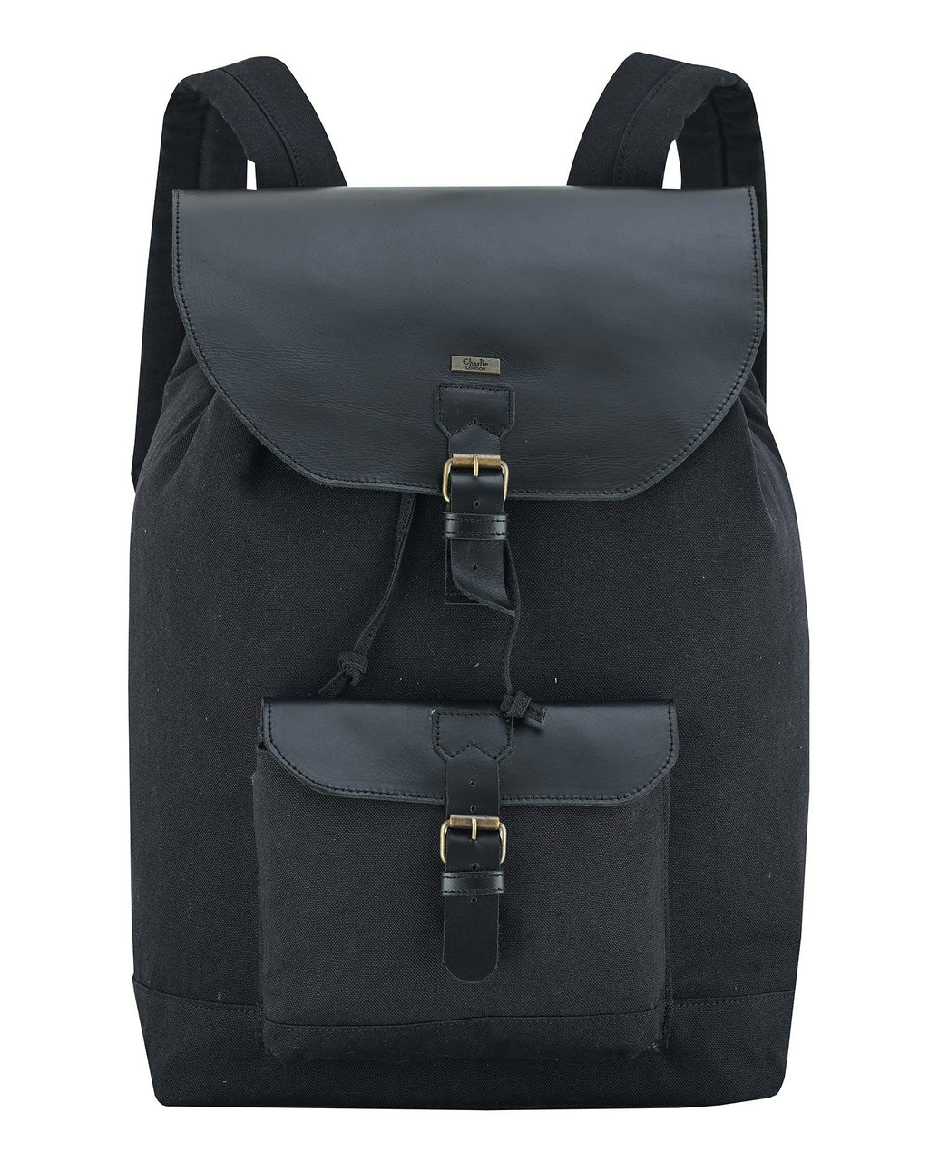 A black canvas backpack with dark gray leather-like trim and gold-tone buckle details, shown against a plain white background.