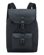 A black canvas backpack with dark gray leather-like trim and gold-tone buckle details, shown against a plain white background.
