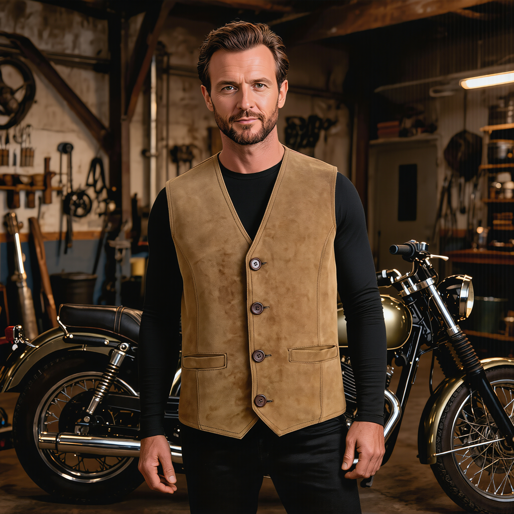 Mens Biker Vest in Classic Soft Leather and Suede Styles