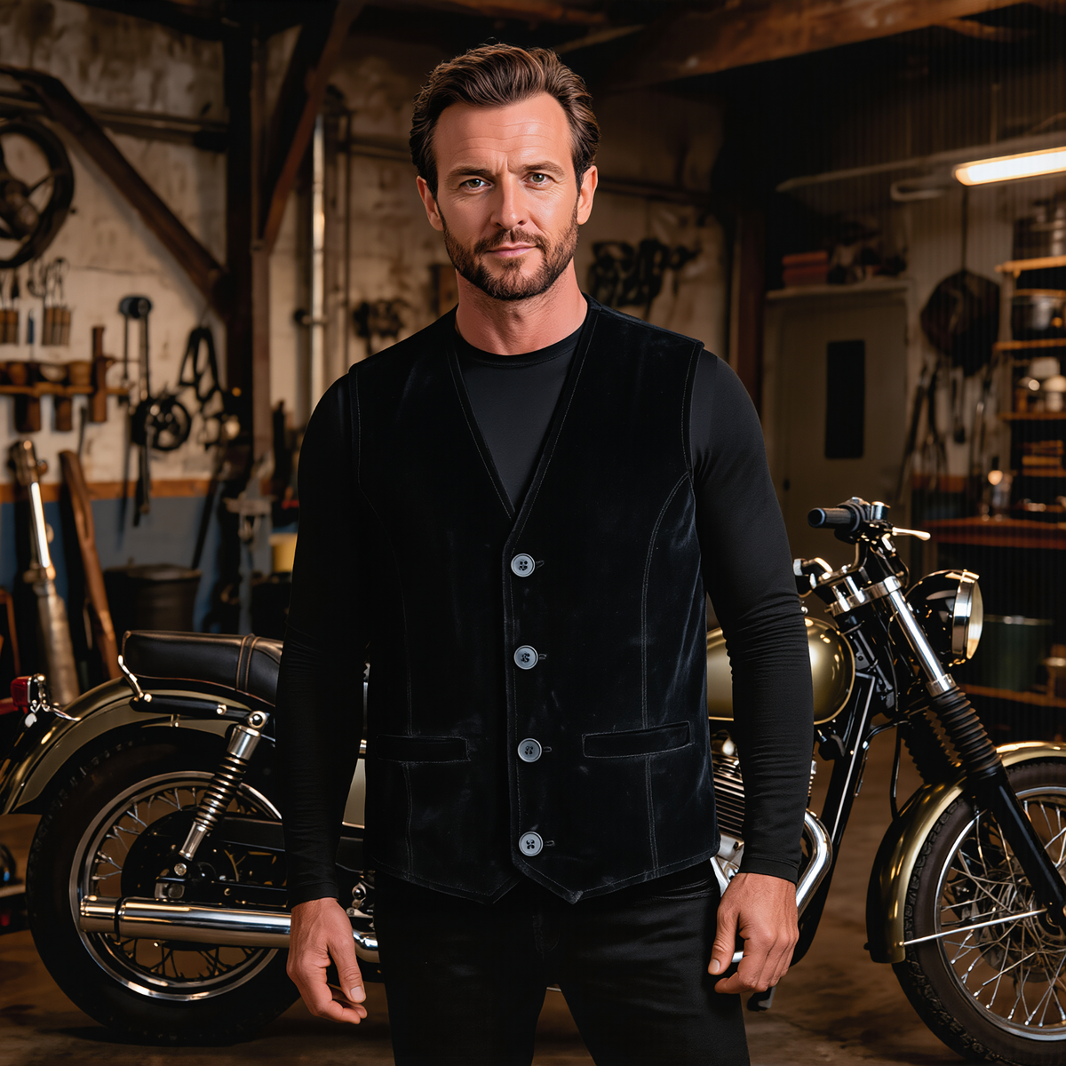 Mens Biker Vest in Classic Soft Leather and Suede Styles