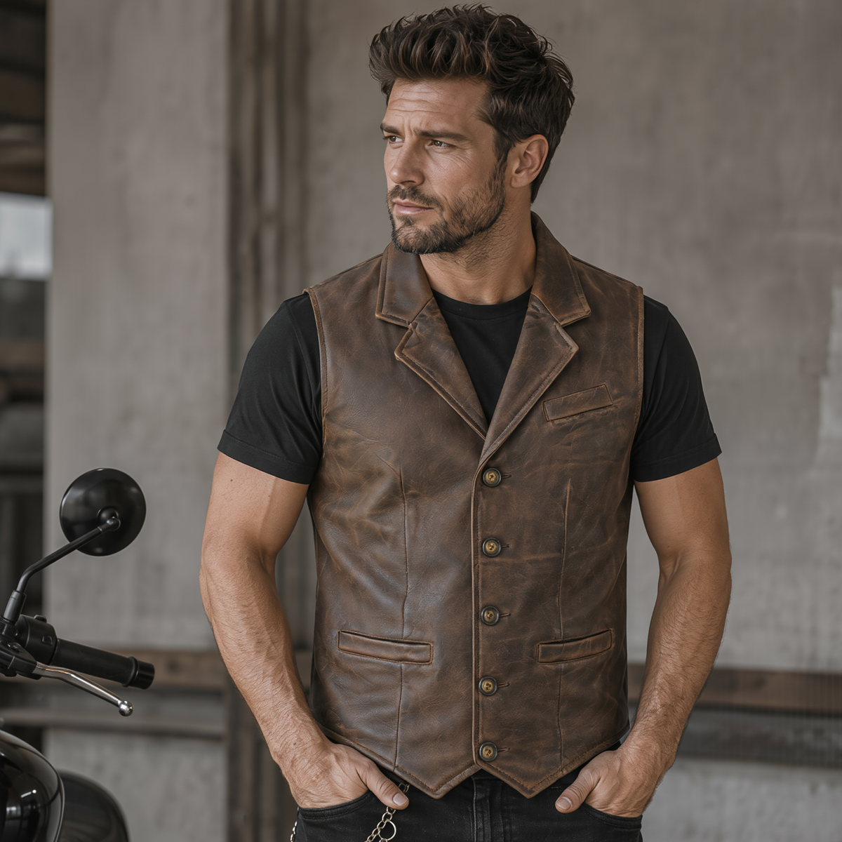 Mens Biker Vest in Classic Soft Leather and Suede Styles