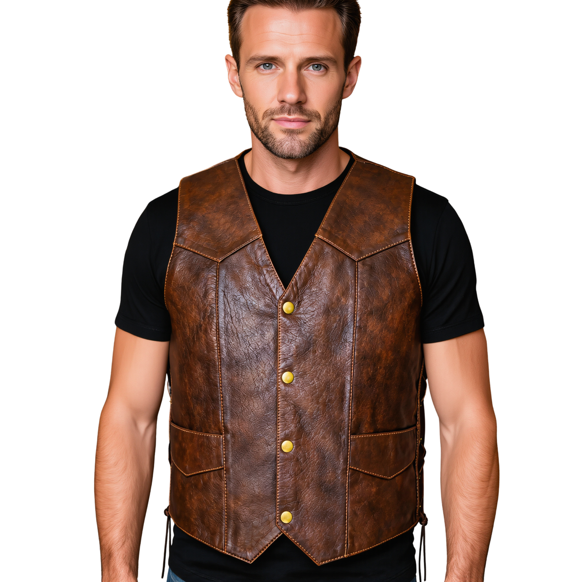 Leather Biker Vest with Classic Snap Button Front