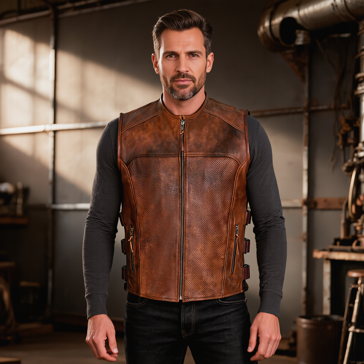 Mens Motorcycle Vest with Perforated Leather Panels