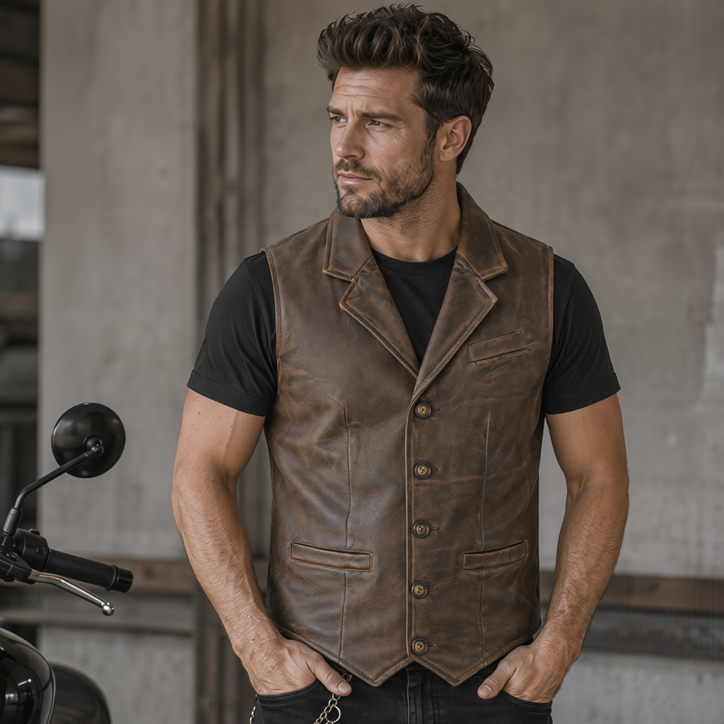 Mens Biker Vest in Classic Soft Leather and Suede Styles