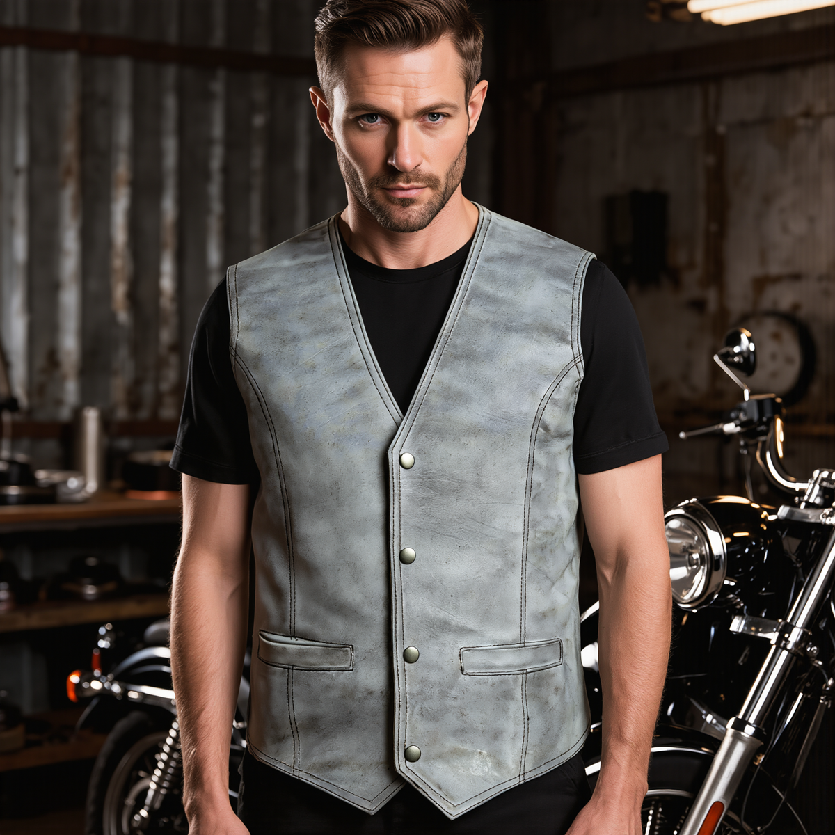 Leather Biker Vest with Classic Snap Button Front