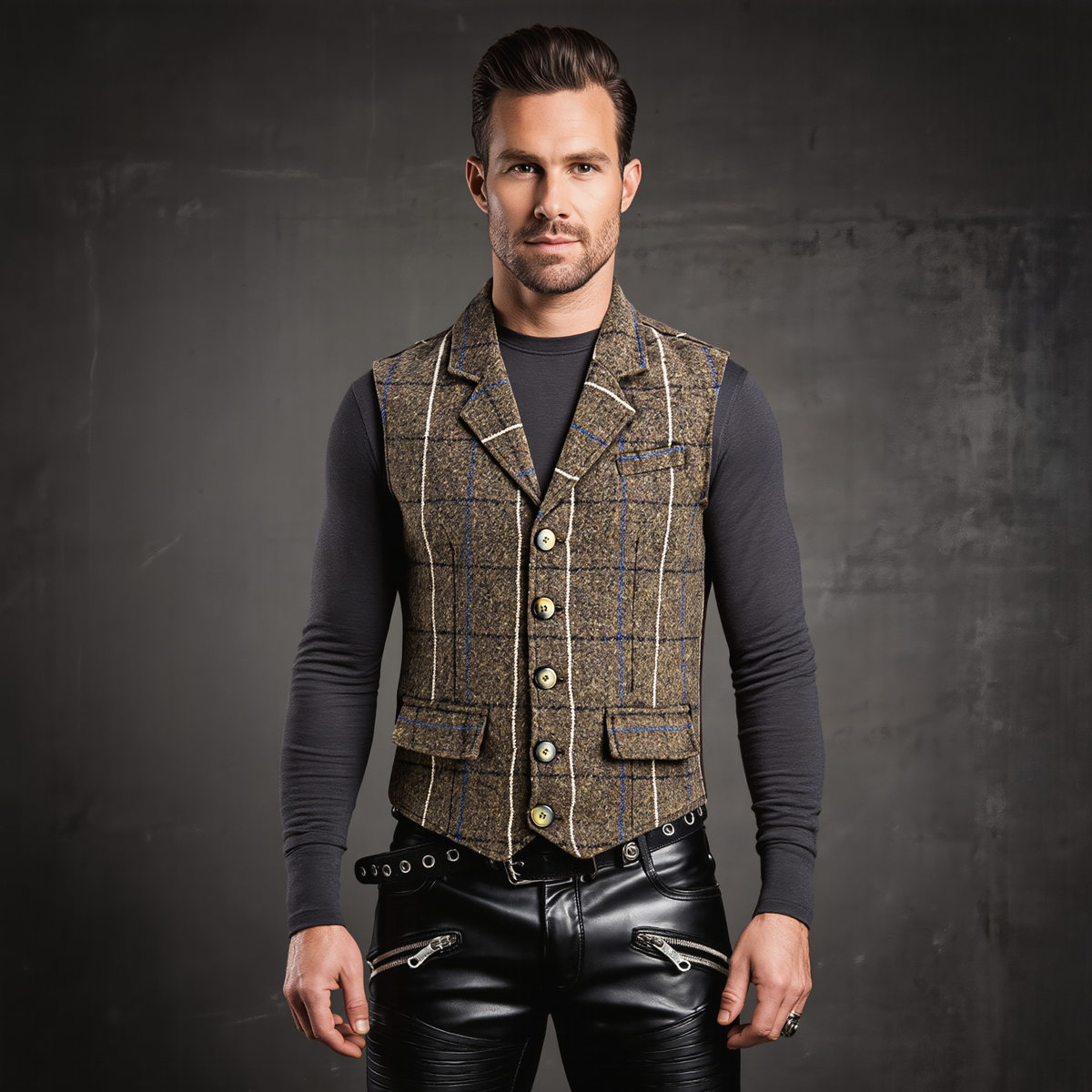 Mens Tweed Vest with Formal Check and Blazer-Style Cut