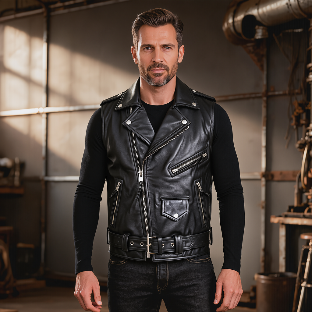 Leather Biker Vest Mens Brando Style with YKK Front Zip