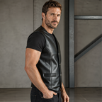 Leather Biker Vest with Classic Snap Button Front