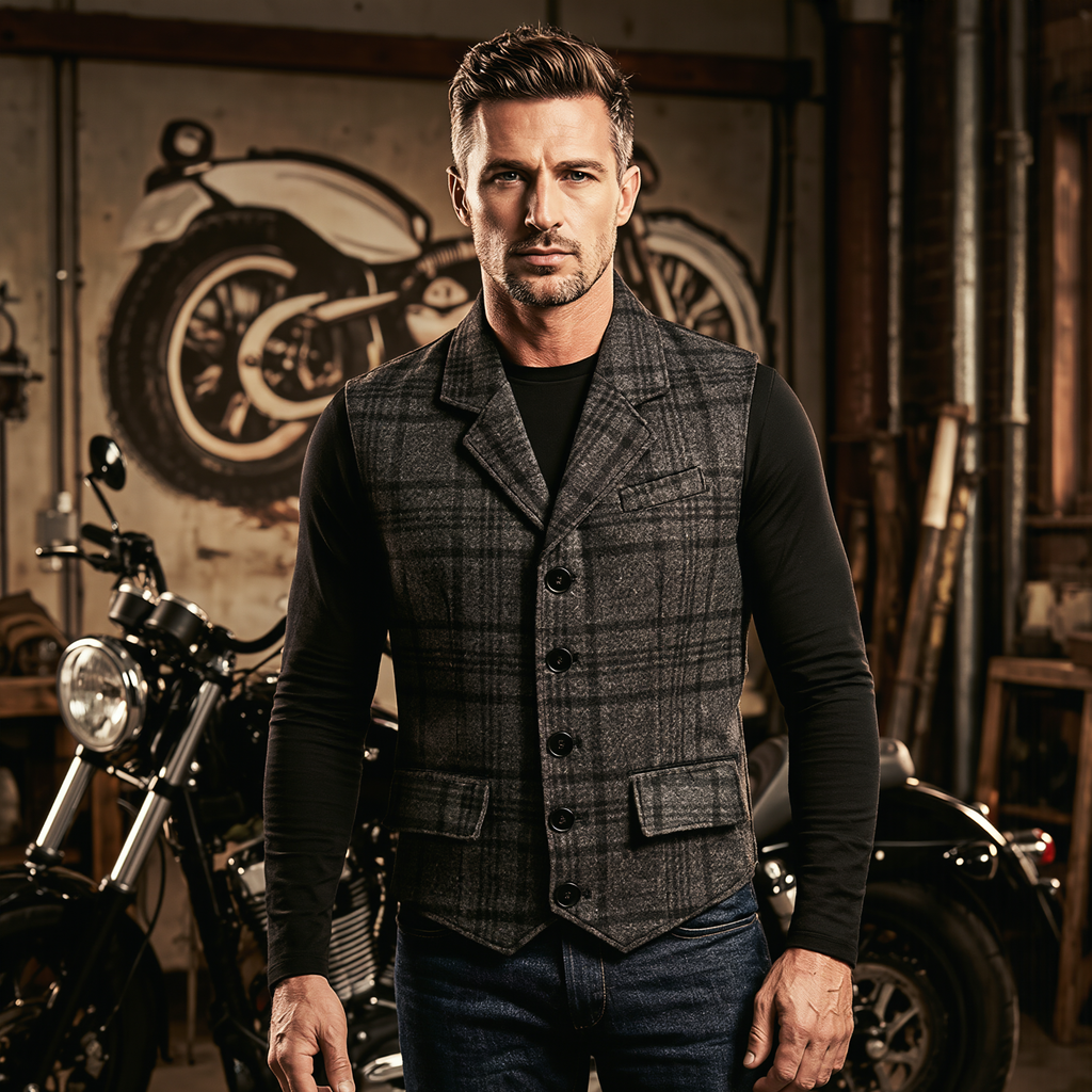 Mens Tweed Vest with Formal Check and Blazer-Style Cut