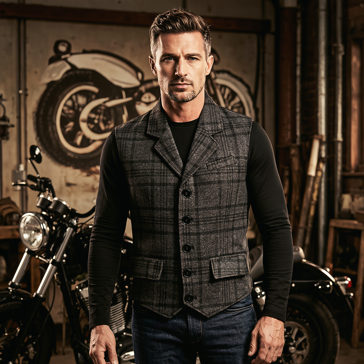 Mens Tweed Vest with Formal Check and Blazer-Style Cut